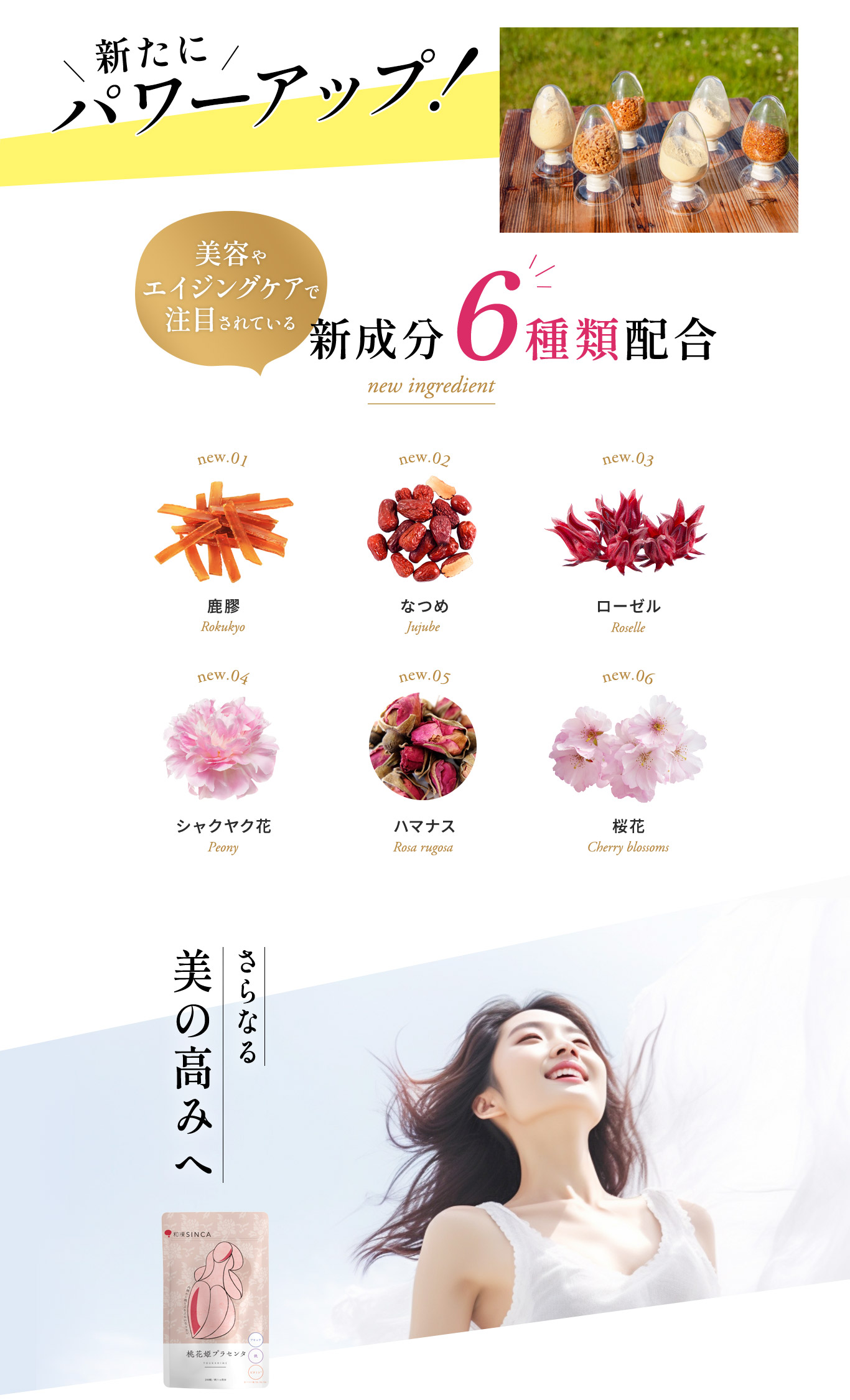 リニューアルで新成分6種類。鹿膠、なつめ、ローゼル、シャクヤク花、ハマナス、桜花などで更なる美の高みへ