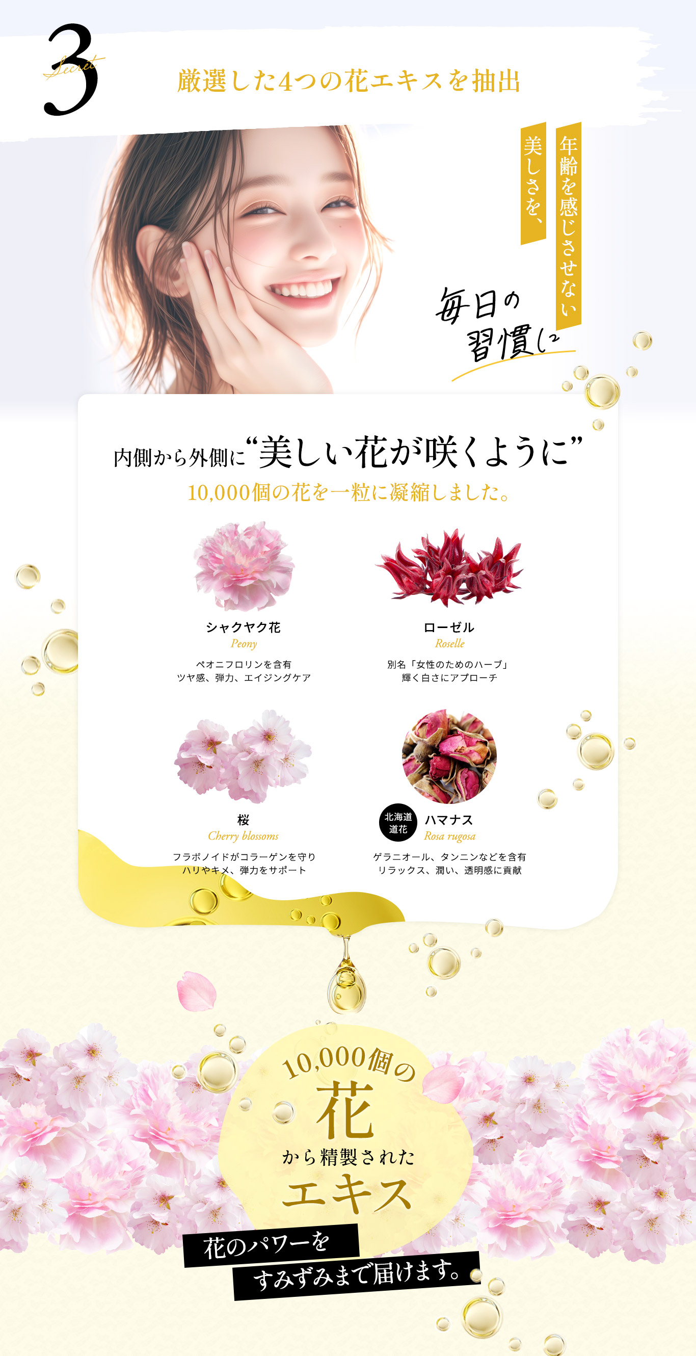 ３つめは、シャクヤク花、ローゼル、桜、ハマナスなど１００００個の花の精製エキスを使用
