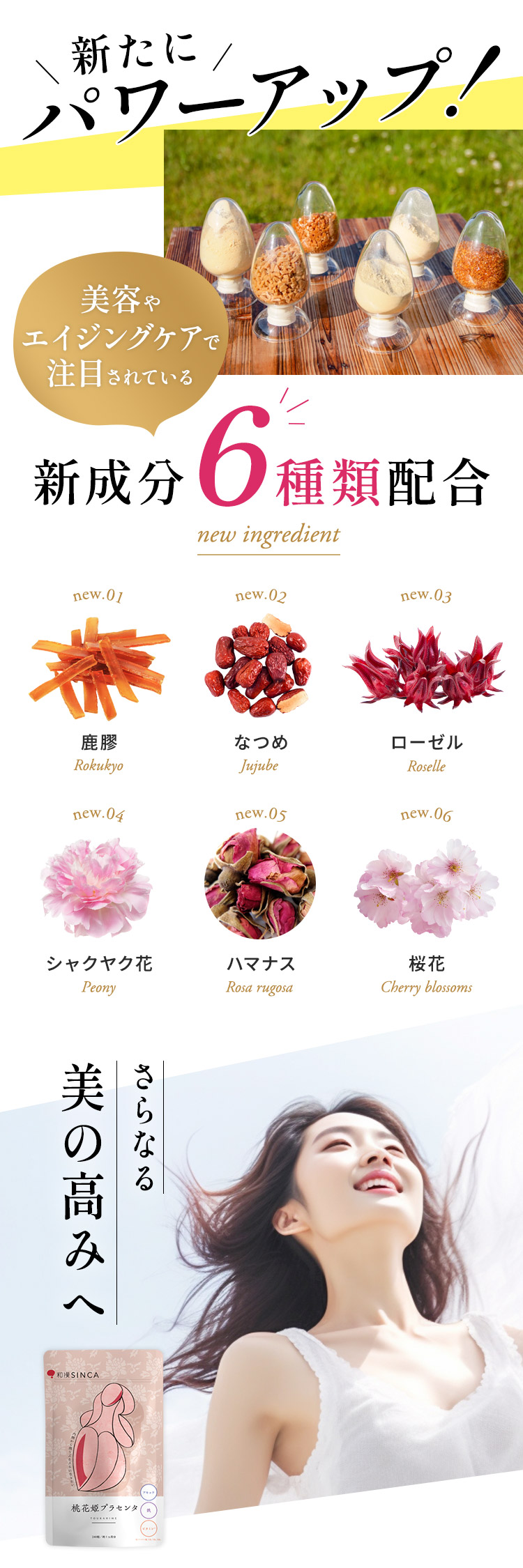 リニューアルで新成分6種類。鹿膠、なつめ、ローゼル、シャクヤク花、ハマナス、桜花などで更なる美の高みへ
