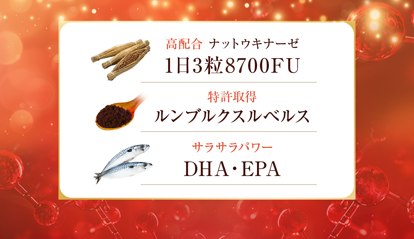 納豆キナーゼ、ルンブルクスルベルス、DHA EPA