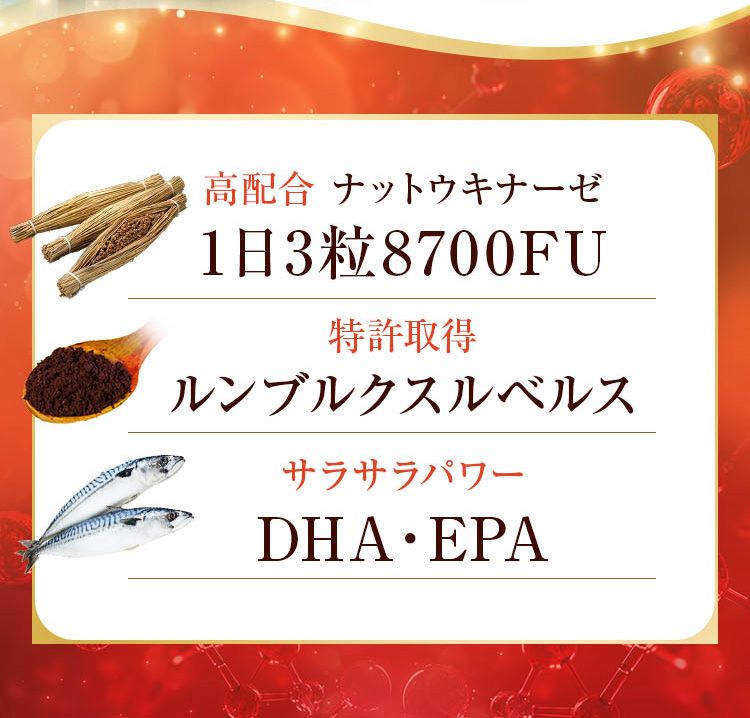 納豆キナーゼ、ルンブルクスルベルス、DHA EPA