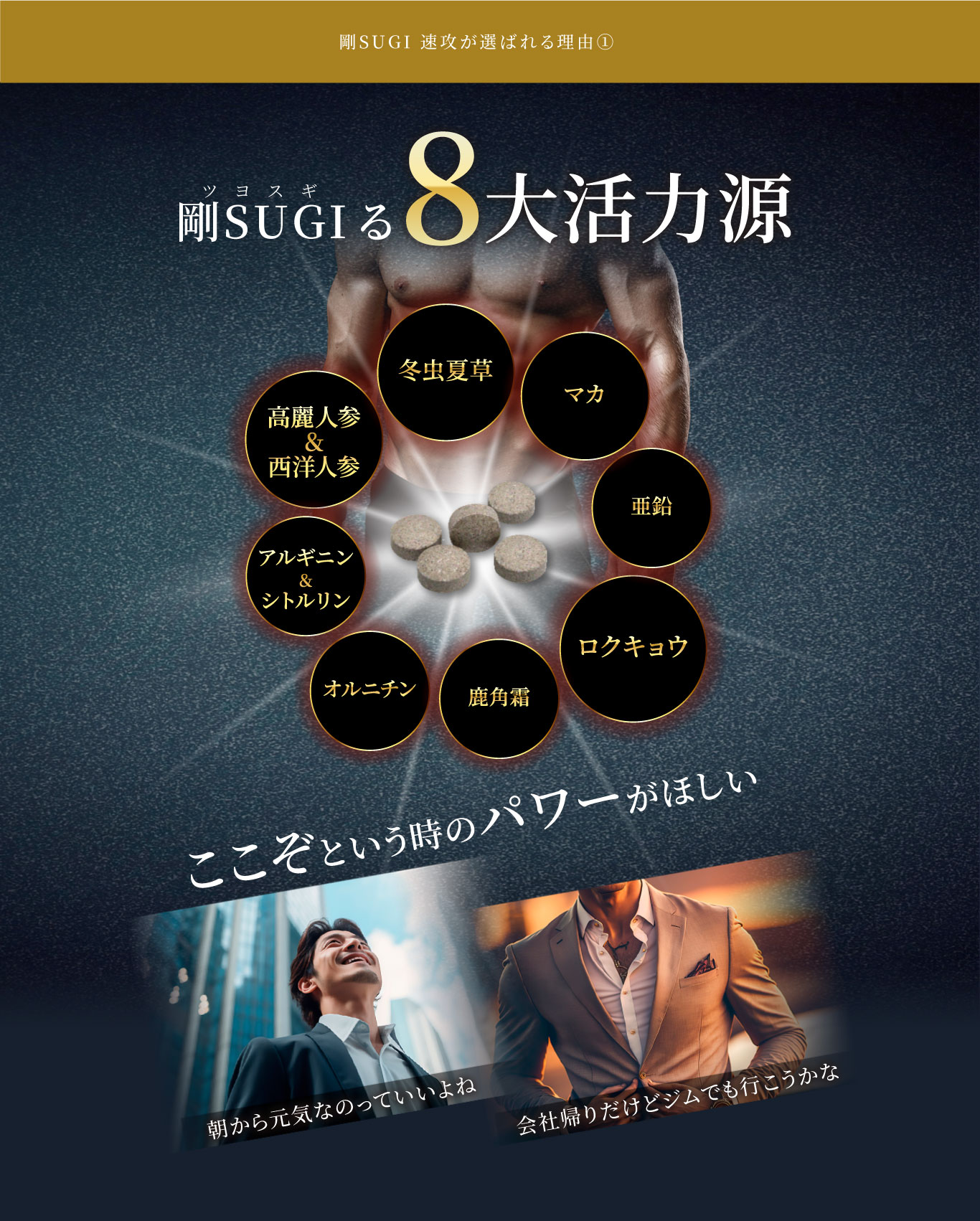 剛SUGIMANには、冬虫夏草、マカ、亜鉛、ロクキョウ、高麗人参、西洋人参、アルギニンなどの8大活力源が配合
