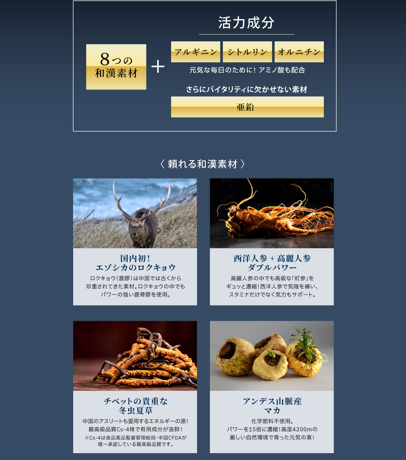 剛SUGIMANは、国内初国産の鹿由来の「ロクキョウ」、西洋人参高麗人参、貴重な冬虫夏草、アンデス産マカの4つの和漢素材にアミノ酸、亜鉛の活力成分配合