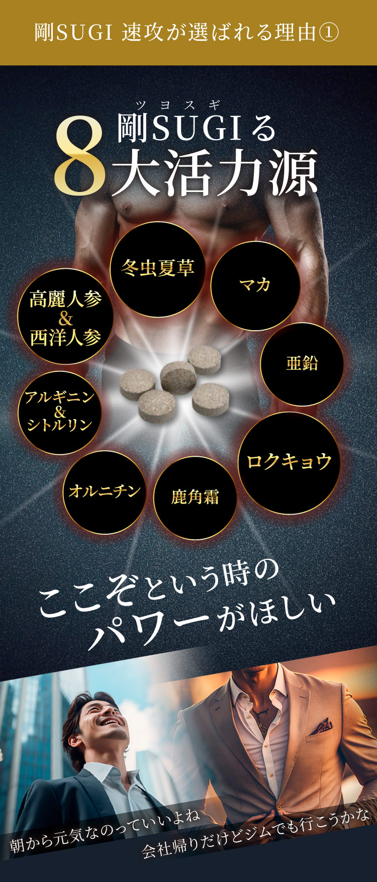 剛SUGIMANには、冬虫夏草、マカ、亜鉛、ロクキョウ、高麗人参、西洋人参、アルギニンなどの8大活力源が配合