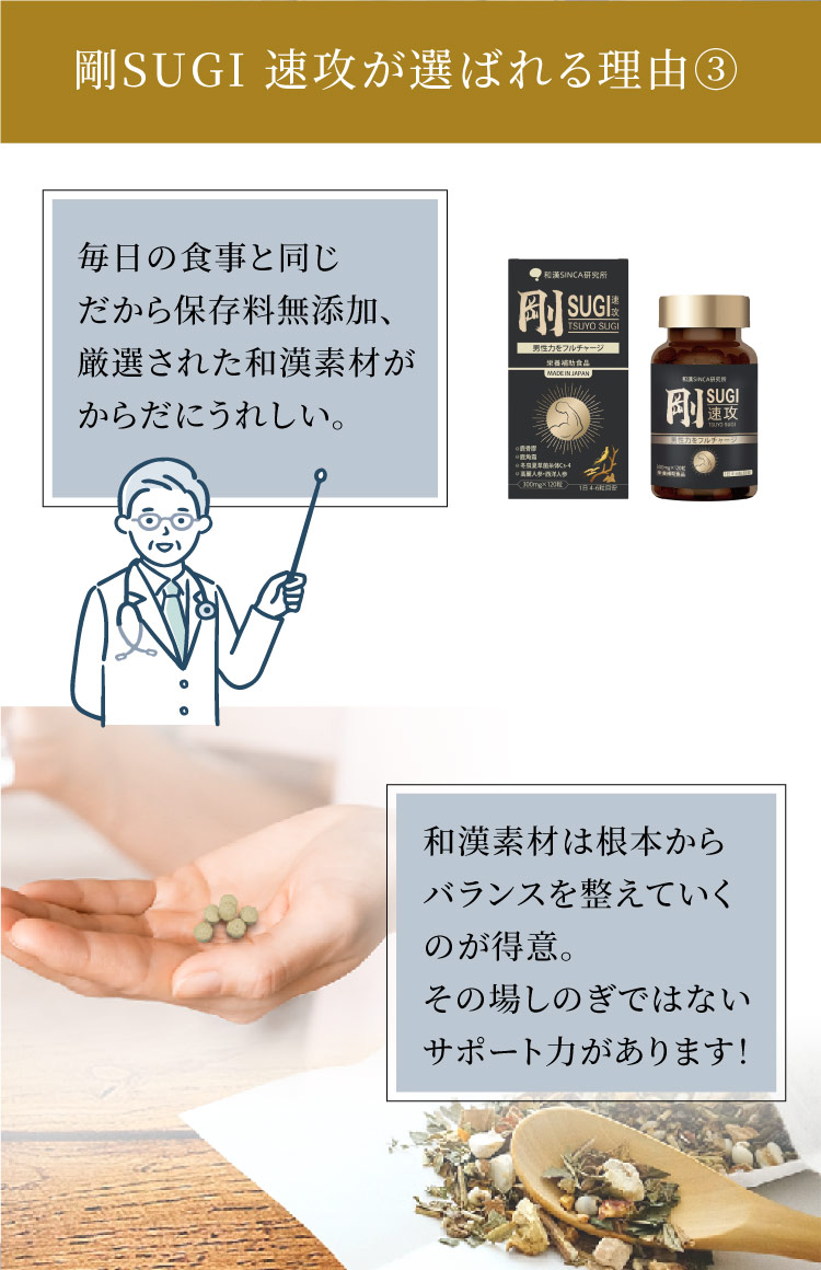 剛SUGIMANが選ばれる理由③保存料無添加、厳選和漢素材、その場しのぎではないサポート力